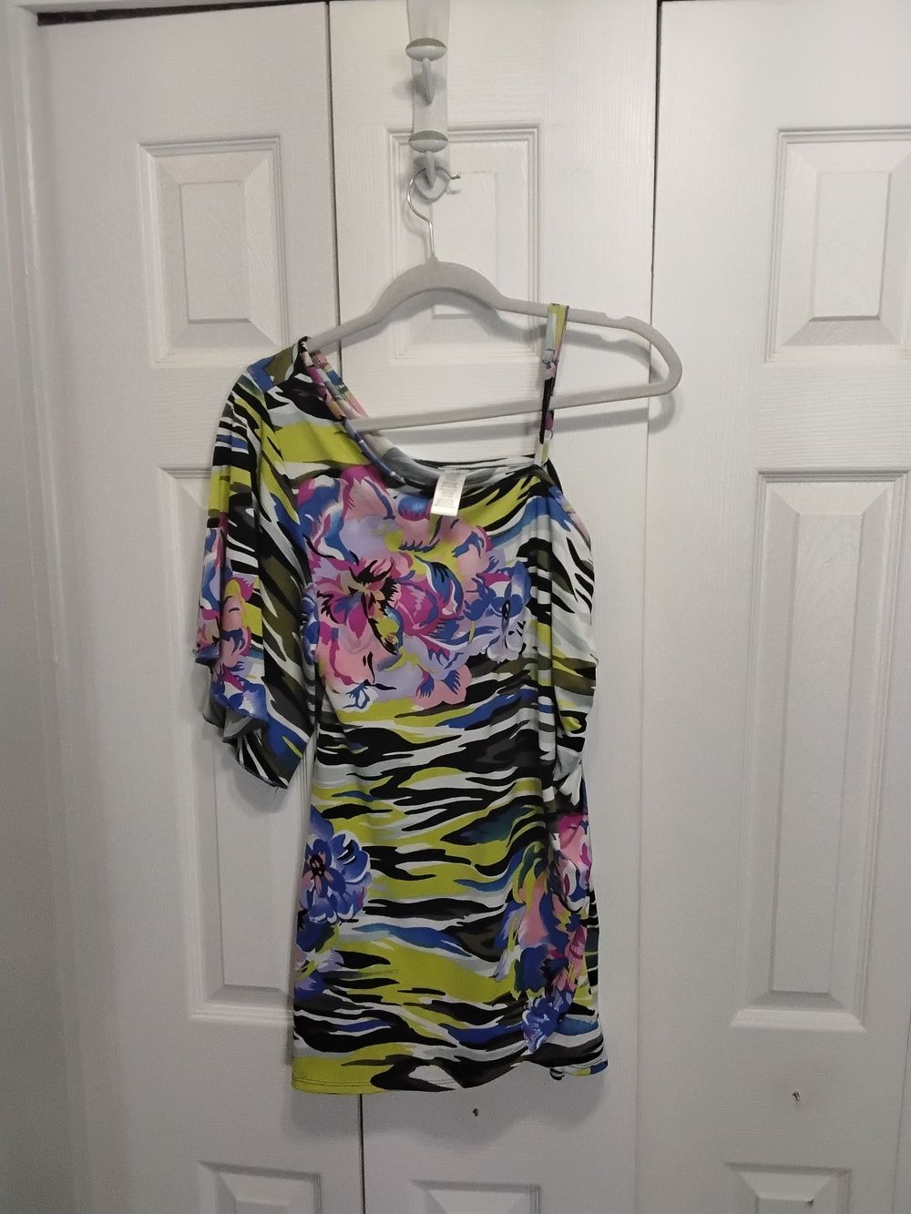 Floral & Zebra Print One-Shoulder Top in Lime and Pink